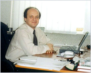Director Mykhailo Alperovych in his office
